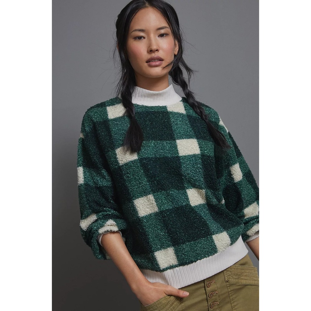 Porridge Anthropologie Green White Plaid Brynne Soft Sherpa Pullover Size M